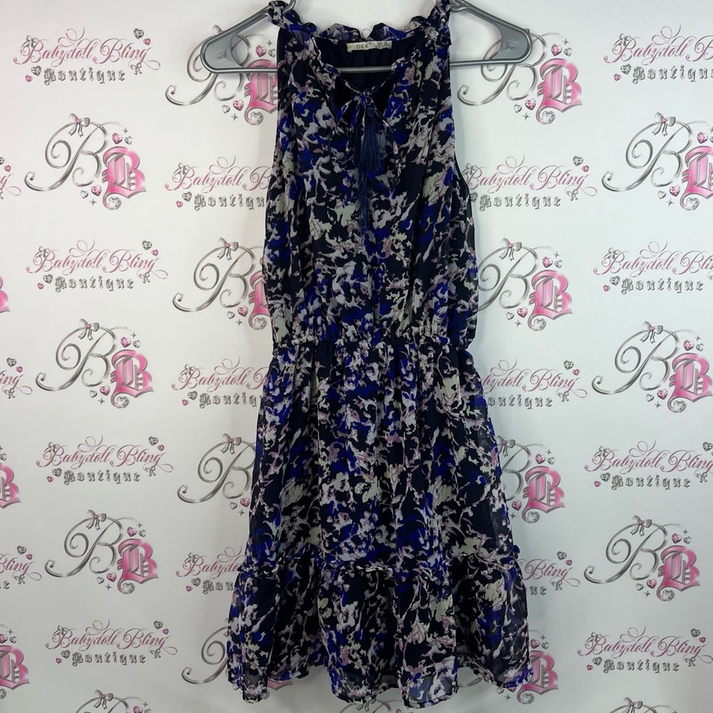 Dex dress ruffle frilly tie up tassle detail Blue and White Floral Mini Dress